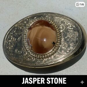 VTG Western Oval Belt Buckle Natural Picture Jasper Stone Gold Tone Scroll